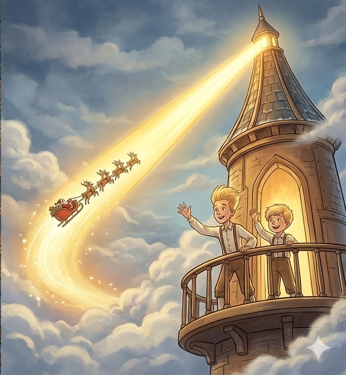 Ace and Weston waving at Santa's sleigh from the clock tower
