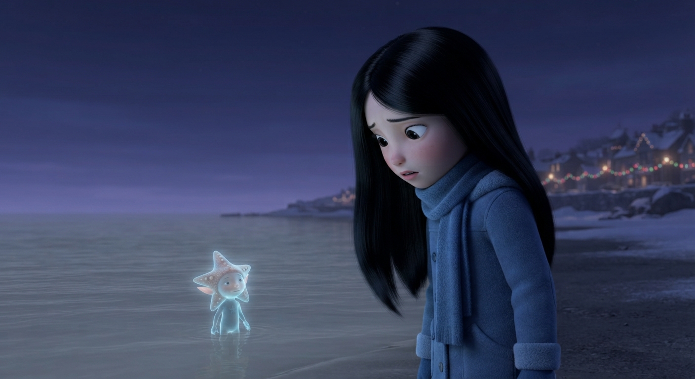 Sophia standing on the dark, silent seashore, meeting Barnaby the ocean elf
