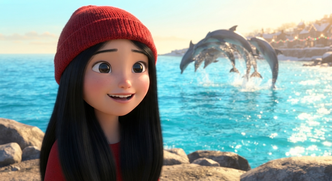 Sophia smiling on the seashore on Christmas morning, watching happy dolphins jump